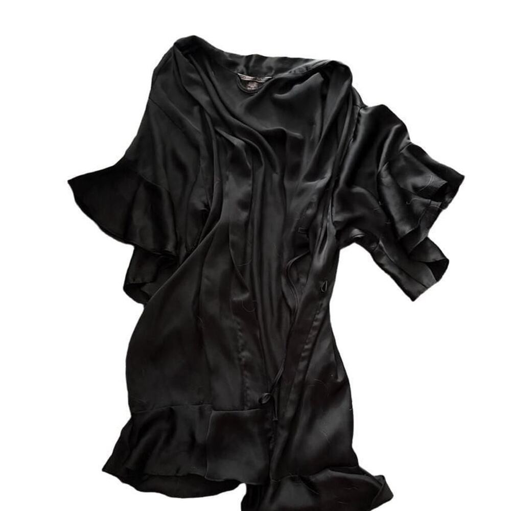 Victoria's Secret Black Satin Robe with Ruffle Detail